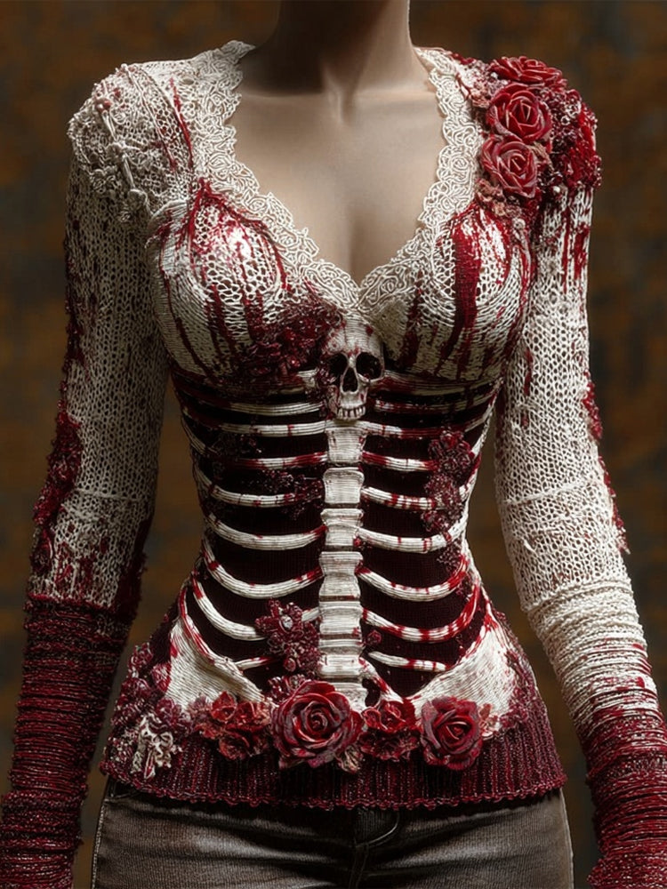 Comstylish Classy Skeleton Bloody Roses V Neck Cozy Sweater