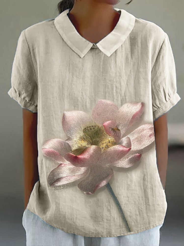 Flowy Lotus Flower Embroidered Linen Blend Tunic