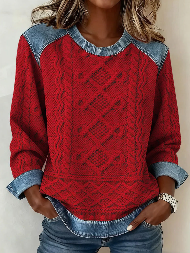 Vlněný cardigan s patchworkem Fair Isle a džínovým lemem