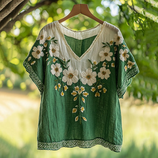 Comstylish Floral Embroidered V Neck Linen Blend T-shirt