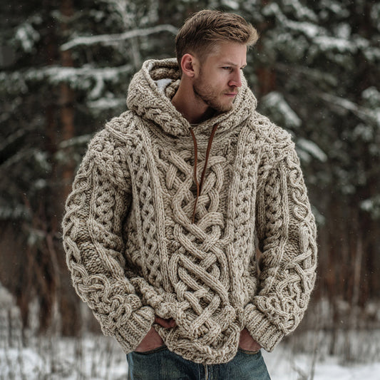 Men's Vintage Viking Celtic Knot Art Cozy Jacquard Knit Hooded Sweater artswardrobe