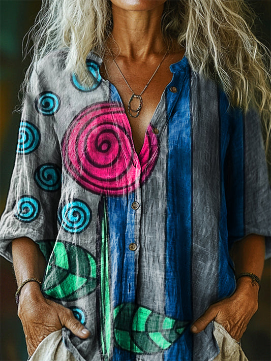 Women's Vintage Bohemian Floral Art Print Casual Cotton Linen Shirt