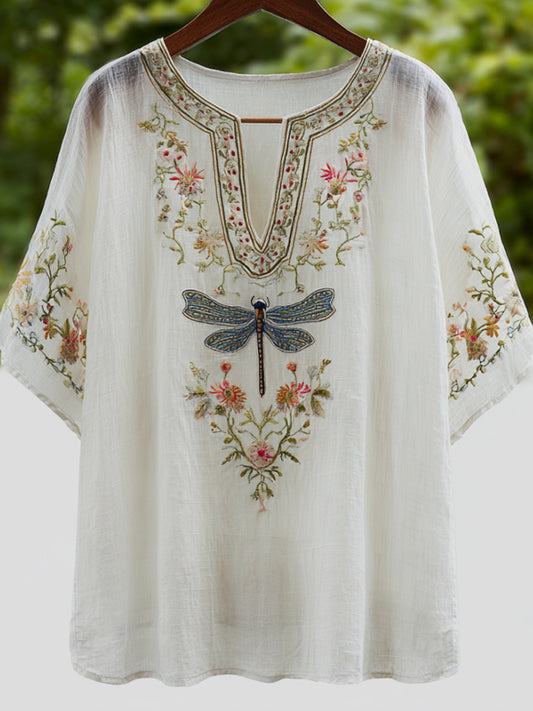 Comstylish Vintage Cotton And Linen Dragonfly And Flower Pattern White V-neck Short-sleeved T-shirt