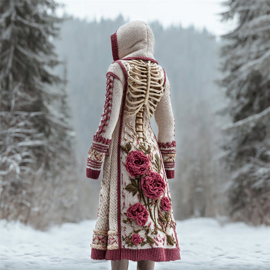 Comstylish Floral & Skeleton Art Women's Knit Hooded Maxi Dress