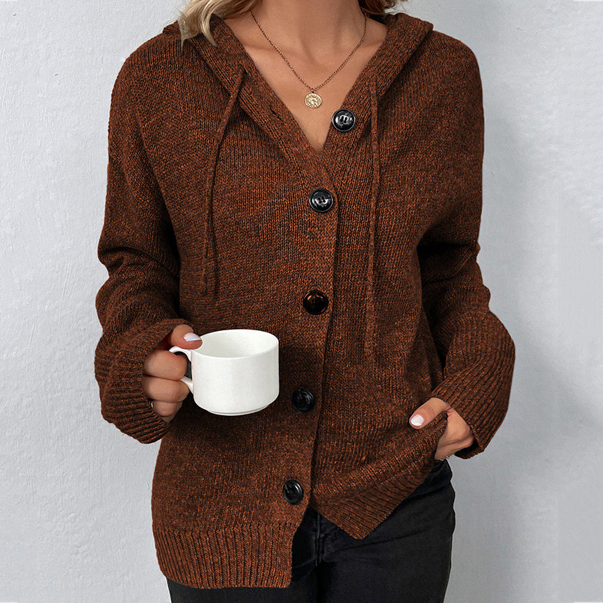 Solid Color Single Breasted Hooded Drawstring Sweater Cardigan elevenforest