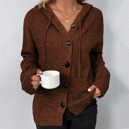 Solid Color Single Breasted Hooded Drawstring Sweater Cardigan elevenforest