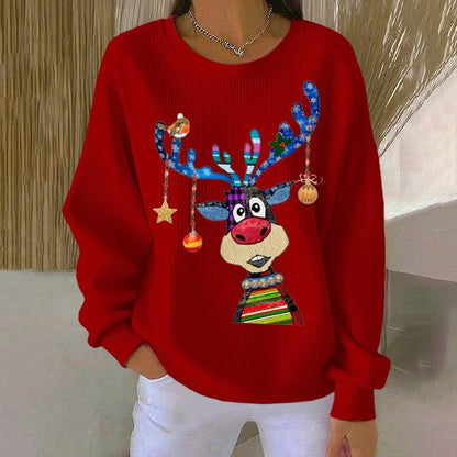 Comstylish Women's Christmas Elk Print Crew Neck Long Sleeve Sweatshirt