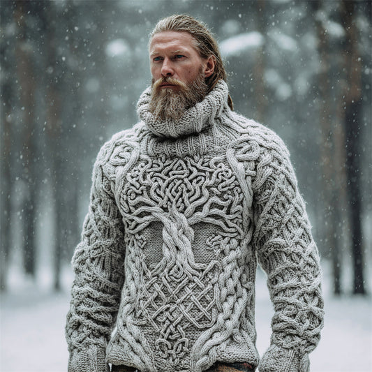 Nordic Myth Tree Of Life Men's Chunky Knit Turtleneck Sweater artswardrobe