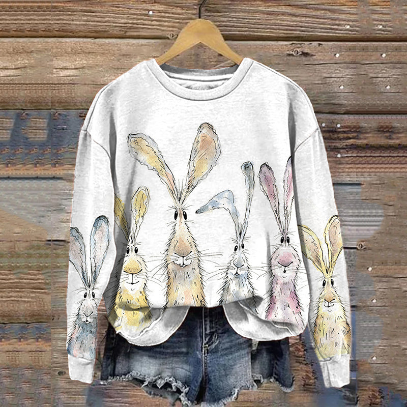 Comstylish Watercolor Bunny Print Casual Cozy Sweatshirt