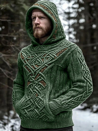 Men's Viking Jacquard Celtic Style Cozy Knit Hooded Sweater elevenforest