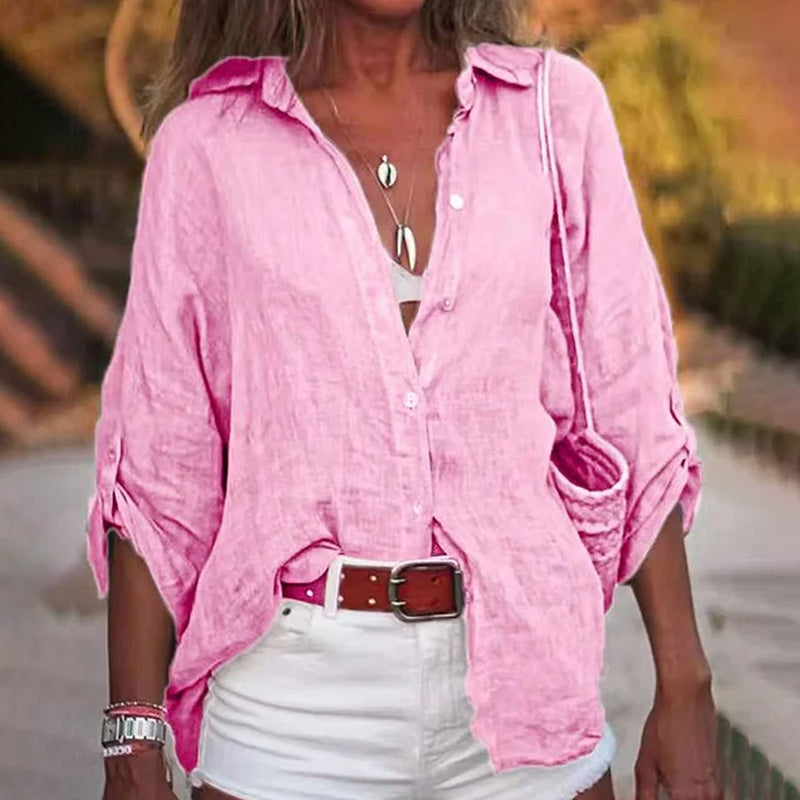 Comstylish Women's Casual Linen Solid-colored Print Shirt
