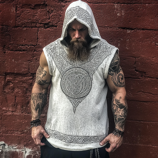 Men's Vintage Viking Rune Print Linen Sleeveless Hoodie artswardrobe