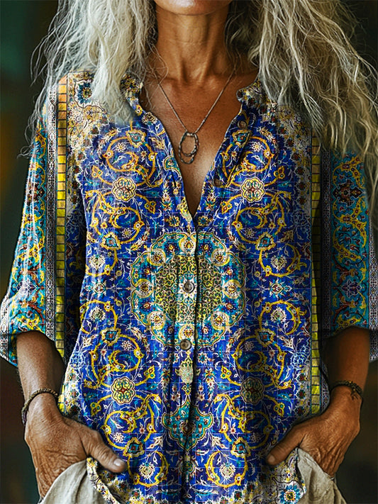 Women's Vintage Ethnic Floral Art Print Casual Cotton Linen Shirt