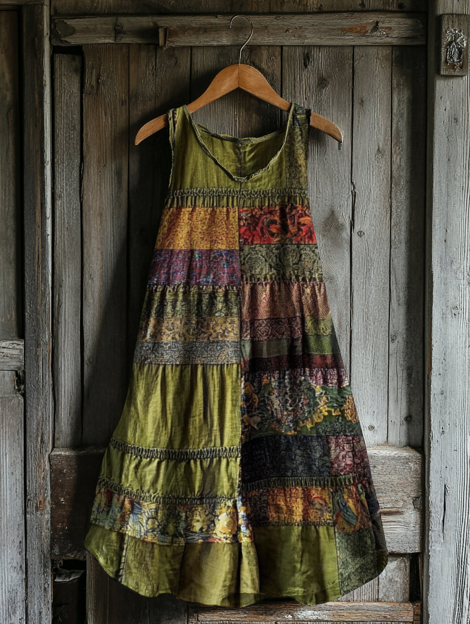 Women's Vintage Bohemian Floral Patch Sleeveless Dress artswardrobe