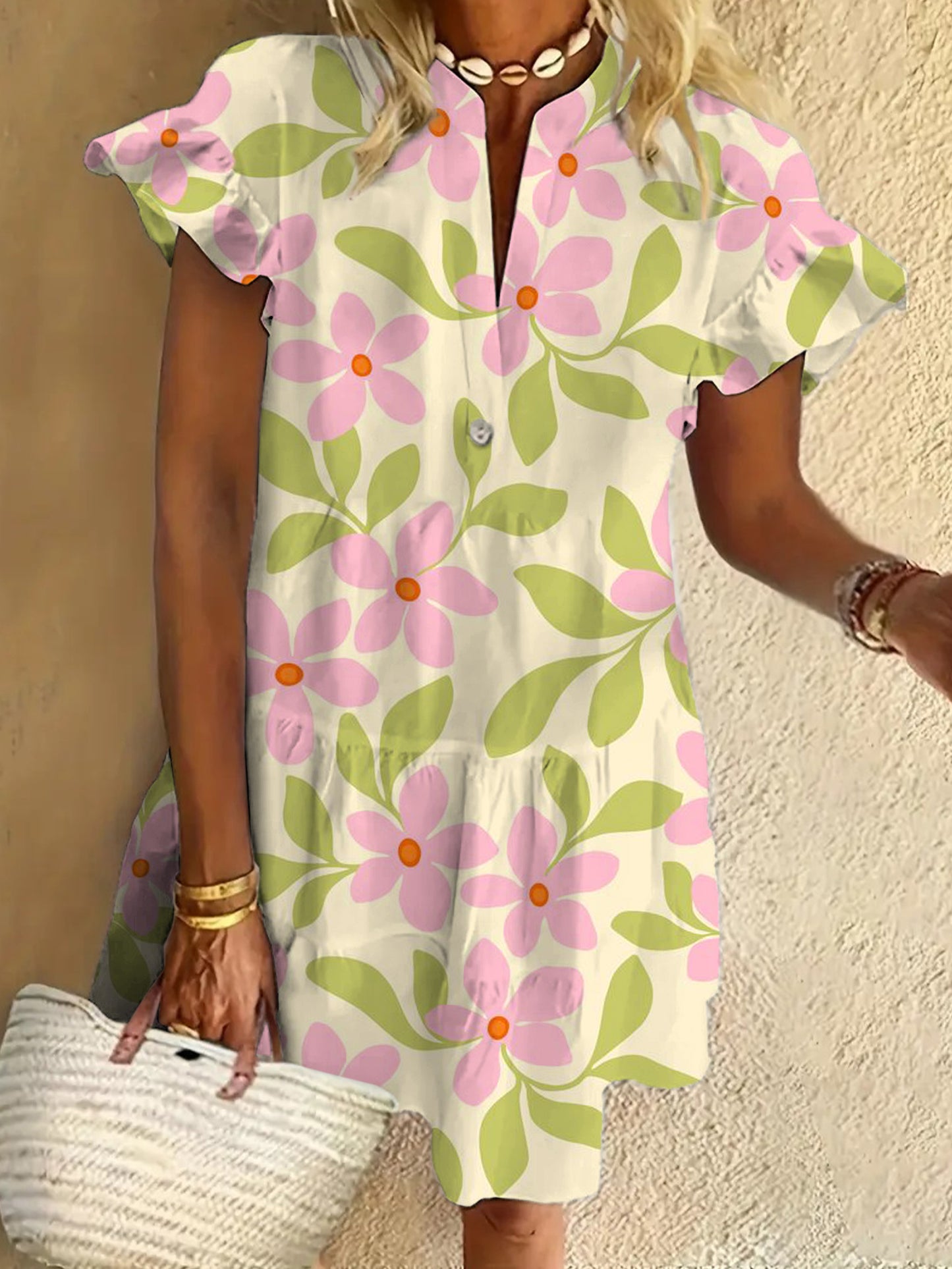 Flower Ruffled Short-sleeved V-neck Buttoned Dress Vacation Beach Dress