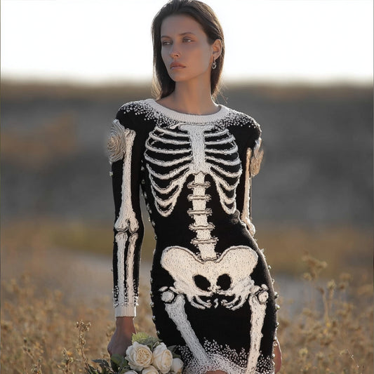 Comstylish Women Halloween Human Anatomy Art Knitted Vintage Round Neck Skirt