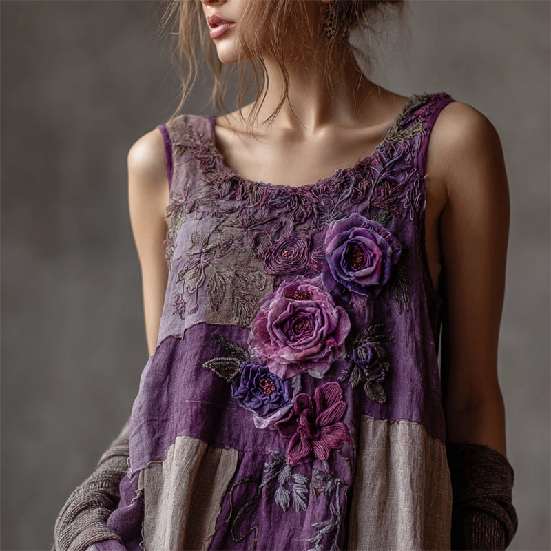 Vintage Purple Roses Boho Lace Patchwork Linen Tank Top artswardrobe