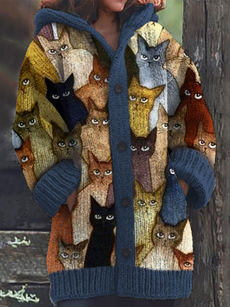 Colorful Cats Pattern Cozy Hooded Cardigan elevenforest