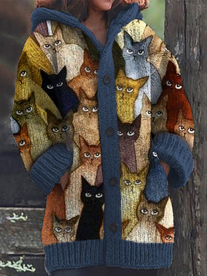 Colorful Cats Pattern Cozy Hooded Cardigan elevenforest