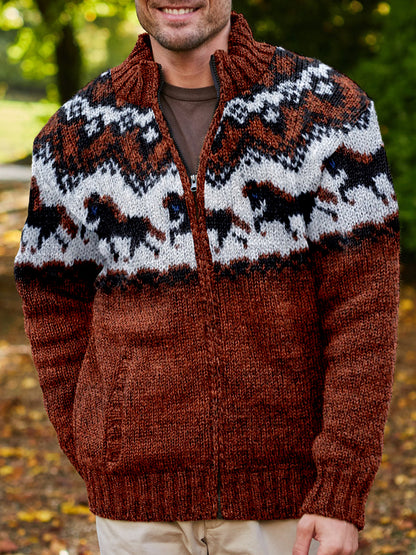 Men's Vintage Horses Icelandic Pattern Cozy Full Zip Cardigan elevenforest