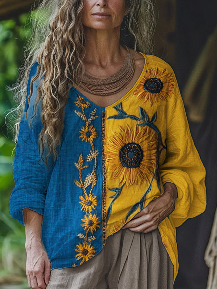 Ethnic Sunflowers Embroidered Contrast Color Linen Tunic artswardrobe