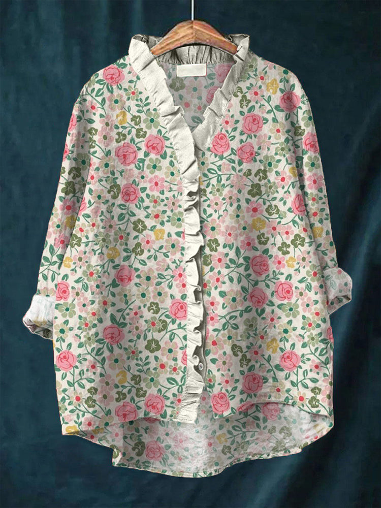 Comstylish Boho Rose Print Ruffled Linen Shirt