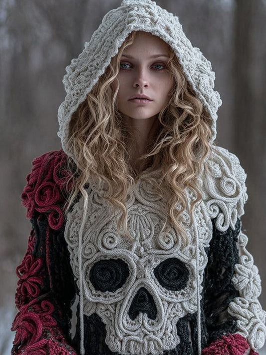Comstylish Women Halloween Big Skull Rose Vintage Hooded Sweater