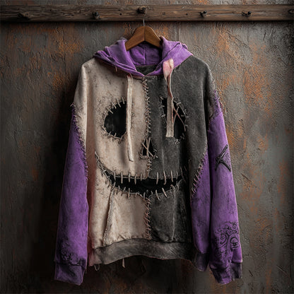 Comstylish Halloween Pumpkin Face Contrast Stitched Washed Hoodie