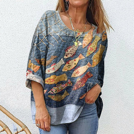 Fish Art Print Cotton And Linen Women's Casual Shirt artswardrobe