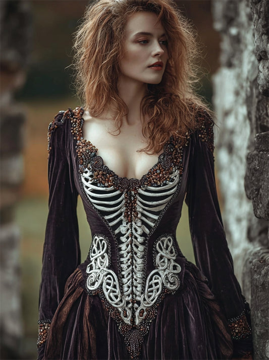 Comstylish Vintage Skeleton Inspired Beaded Trim Velvet Maxi Dress