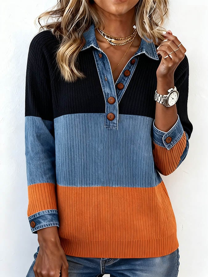 Women'S Contrasting Knitted Lapel Top 