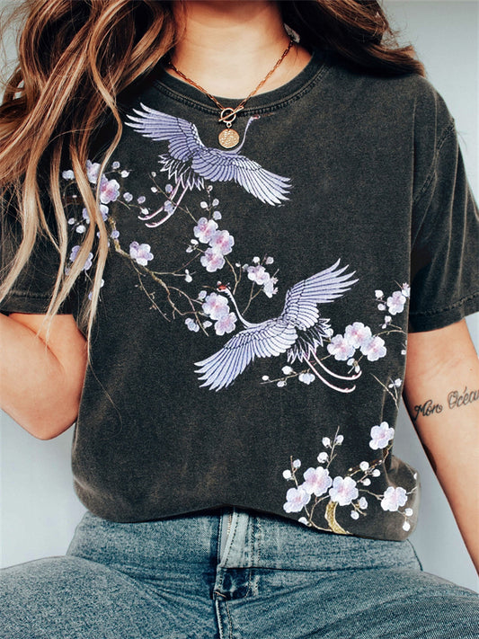 Comstylish Cranes & Cherry Blossom Embroidery Vintage Washed T Shirt