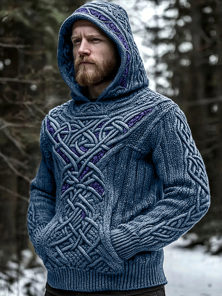 Men's Viking Jacquard Celtic Style Cozy Knit Hooded Sweater elevenforest