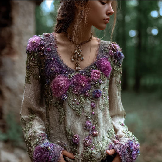 Comstylish Bohemian Style Round Neck Long Sleeve 3d Purple Flower Design Cotton And Linen Top For Women
