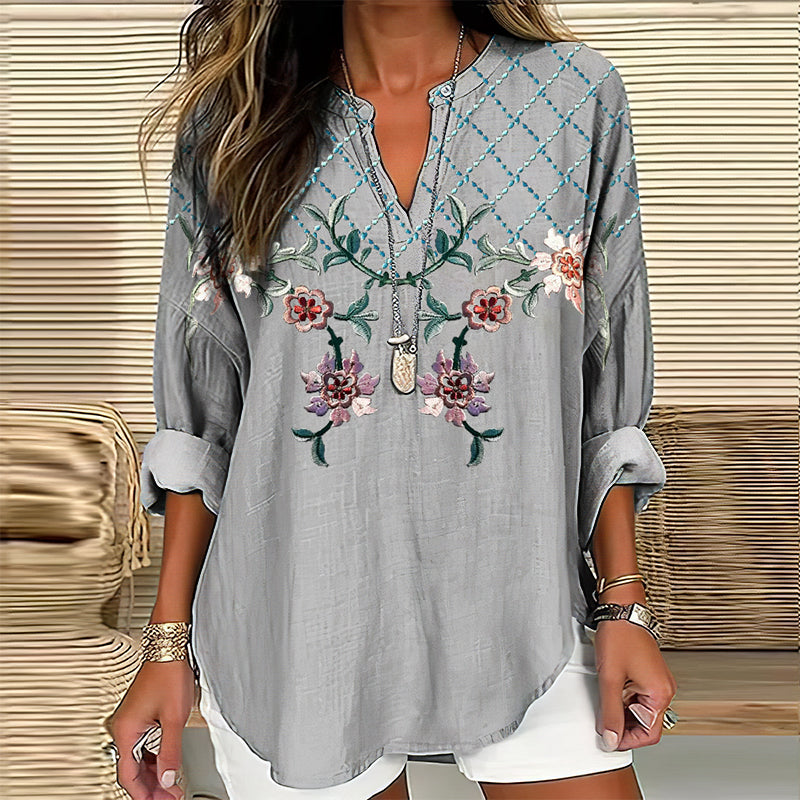 Comstylish Women's Floral Embroidered V-neck Linen Blend Loose Blouse