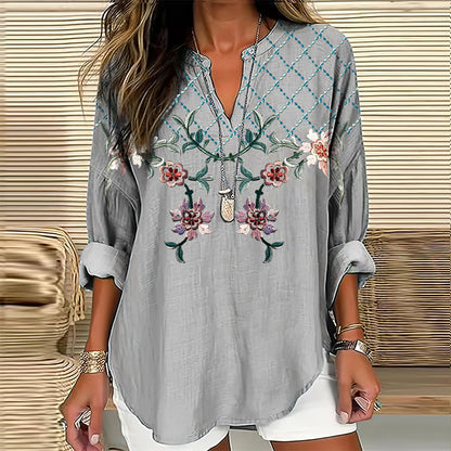 Comstylish Women's Floral Embroidered V-neck Linen Blend Loose Blouse