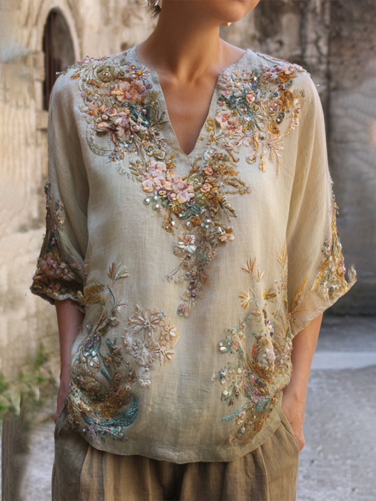 Comstylish Bohemian Style Three-dimensional Small Floral Sequin Casual Vintage Silent Green Short-sleeved Shirt