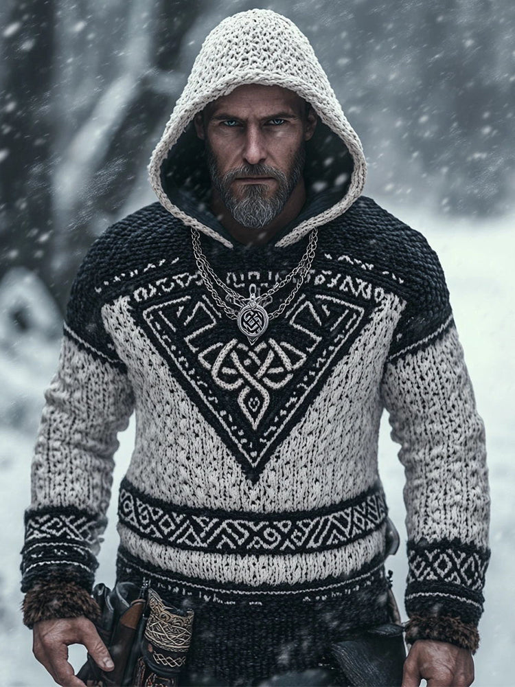 Men's Viking Style Celtic Knot Contrast Color Knit Hooded Sweater artswardrobe