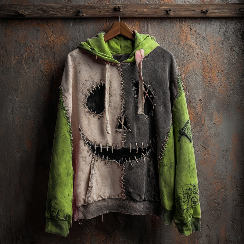Comstylish Halloween Pumpkin Face Contrast Stitched Washed Hoodie