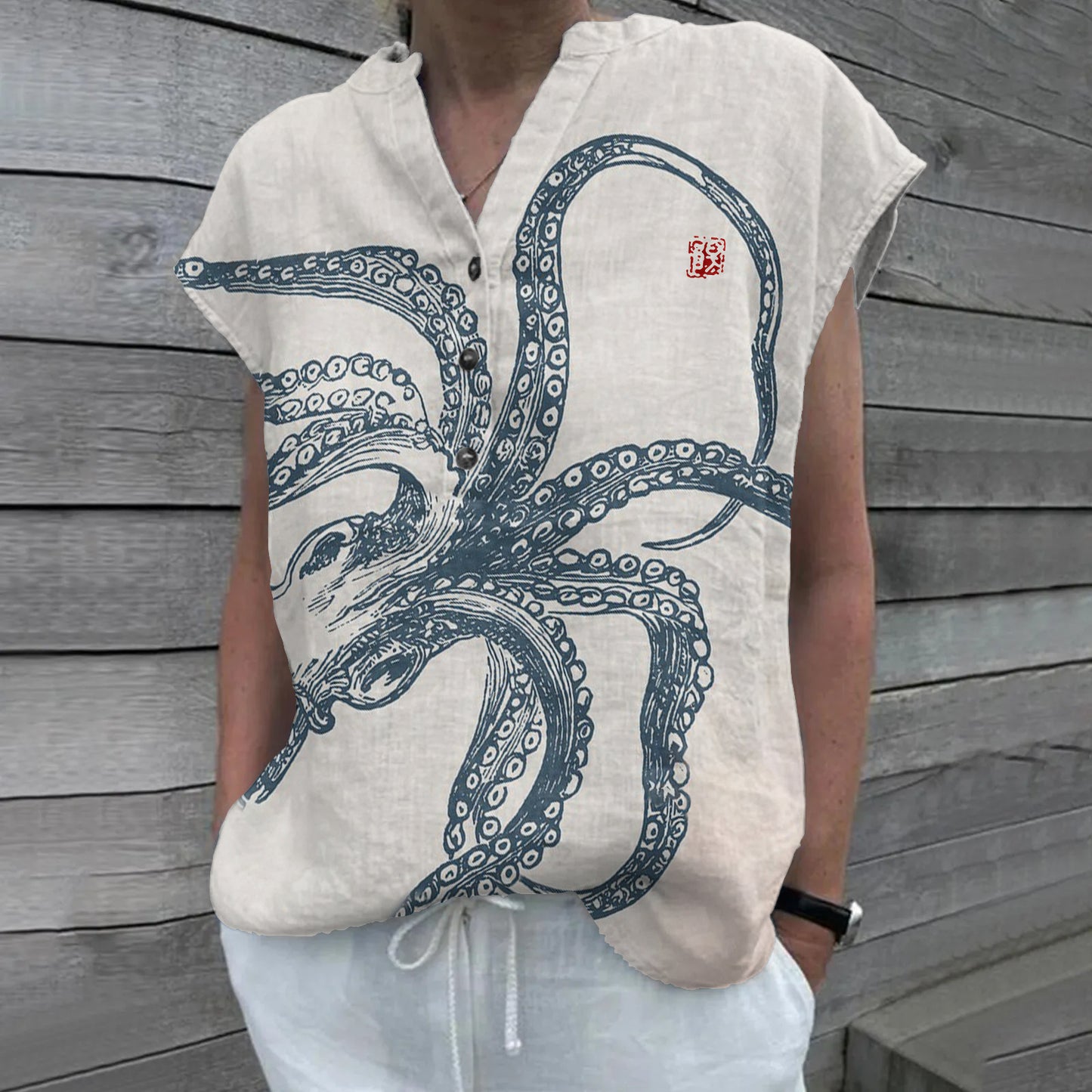 Comstylish Vintage Octopus Art Painting V-Neck Half-Button Linen Shirt