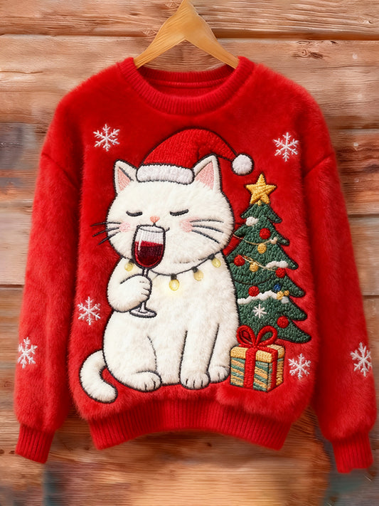 Christmas Wine Tasting Cat Embroidered Sweater