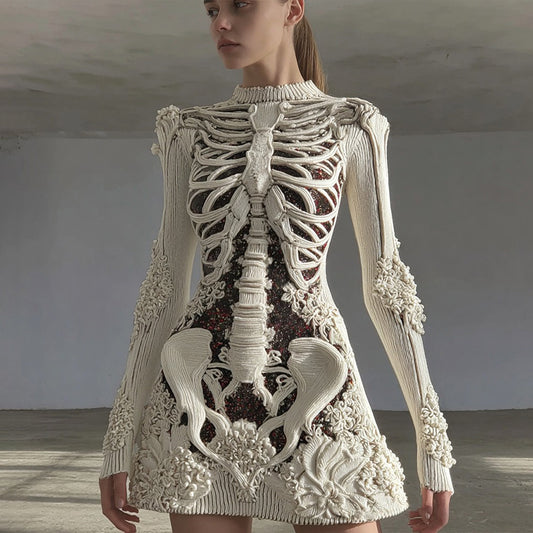 Women's Vintage Halloween Skull Art Knitted Warm Sweater Dress artswardrobe