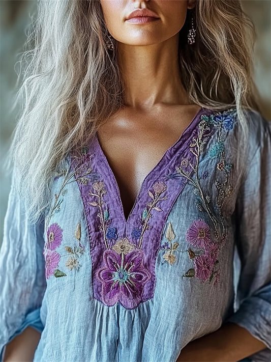 Comstylish Boho Purple Floral Embroidered Contrast Linen Tunic