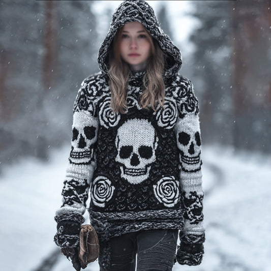 Women's Vintage Three-dimensional Skull Rose Black And White Warm Hooded Sweater artswardrobe