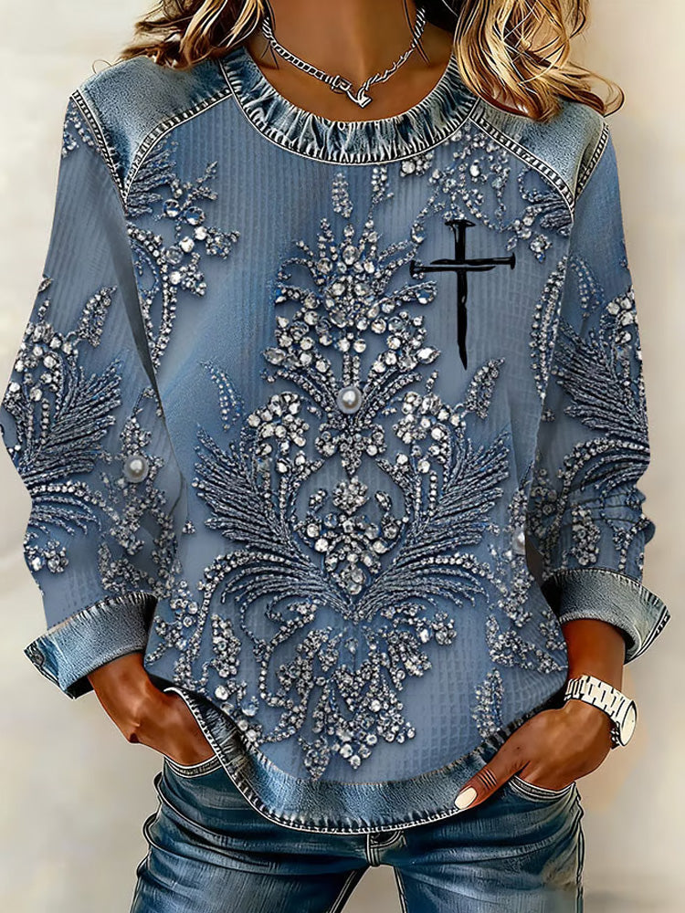 Comstylish Women's Casual Cross Print Long Sleeve Sweatshirt