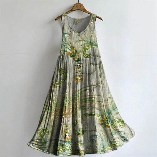 Women's Floral Art Print V-Neck Pocket Cotton Dress