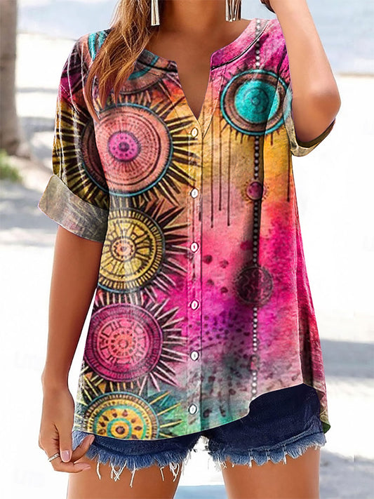 Women's Mandala Pattern Art Print Cotton Linen Casual Shirt