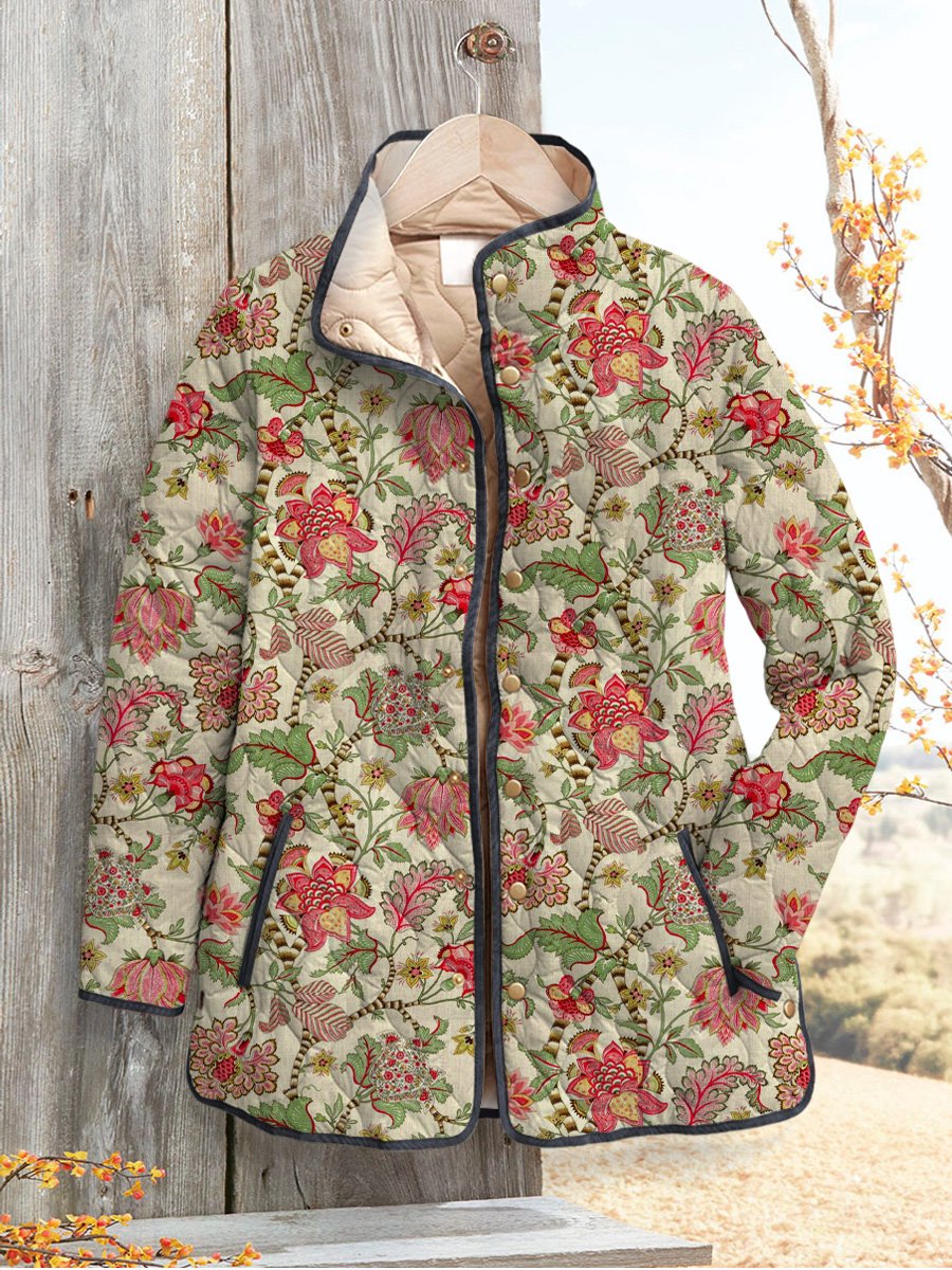 Vintage Tranquil Garden Floral Pattern Printed Women's Casual Quilted Cardigan