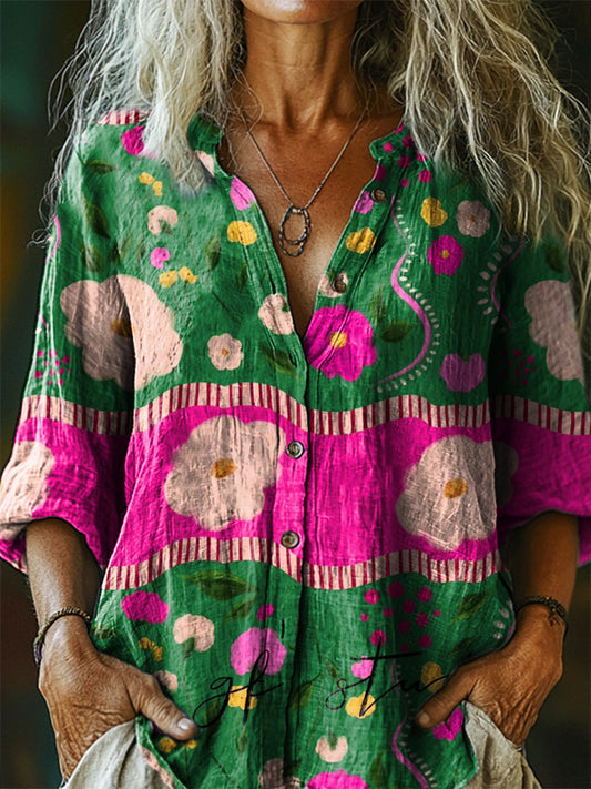Women's Vintage Floral Art Print Casual Cotton Linen Shirt
