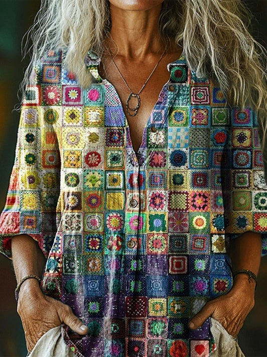 Colorful Geometric Check patterns Women's Print Casual Cotton Linen Sh